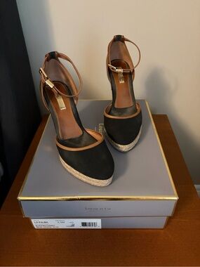Louise et Cie Black and Brown Ankle-Strap Espadrille Wedges